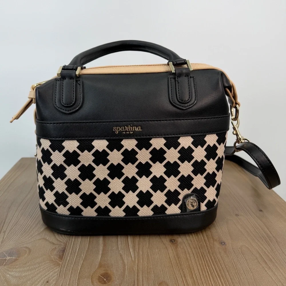 Spartina Ellis Square Black Leather Linen Crossbody Satchel Bag Purse